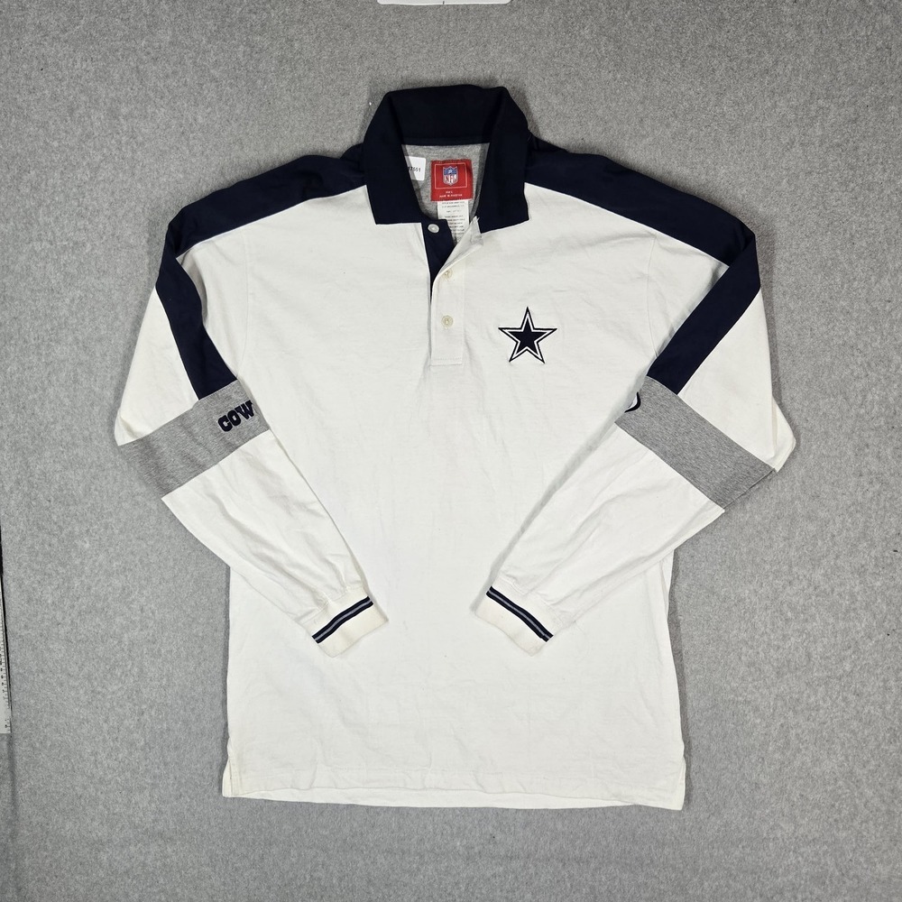 VINTAGE Dallas Cowboys Men Polo L White Embroidered Y2K Rugby Shirt Long Sleeve